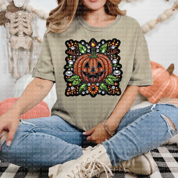 Rhinestone pumpkin gems and green leaves (ECHT) 53643 DTF transfer