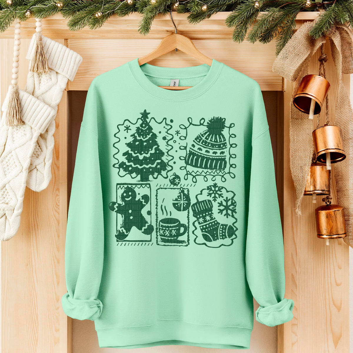 Winter Doodles GREEN DTF transfer