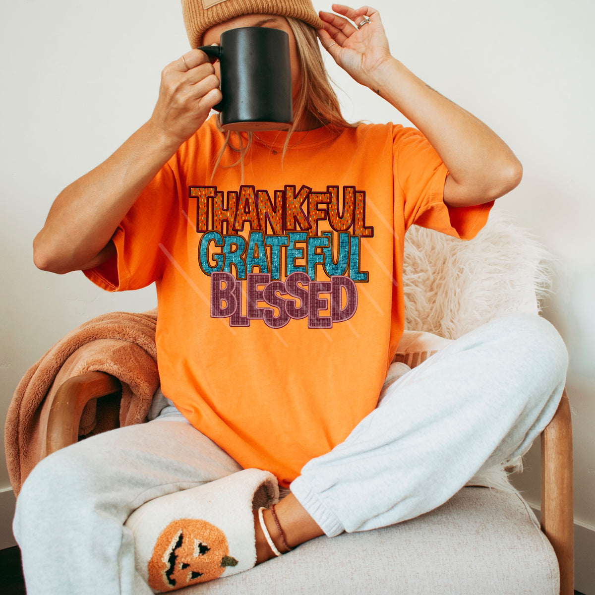 Thankful Grateful Blessed stacked Faux embroidery with pattern letters 111837 DTF transfer