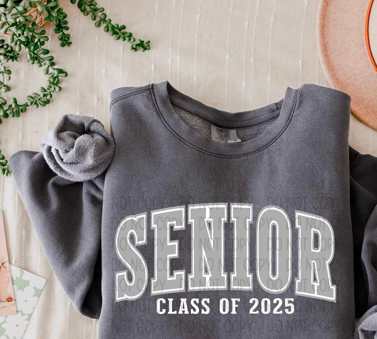 Senior class of 2025 grey varsity white outline (SW) 60297 DTF transfer
