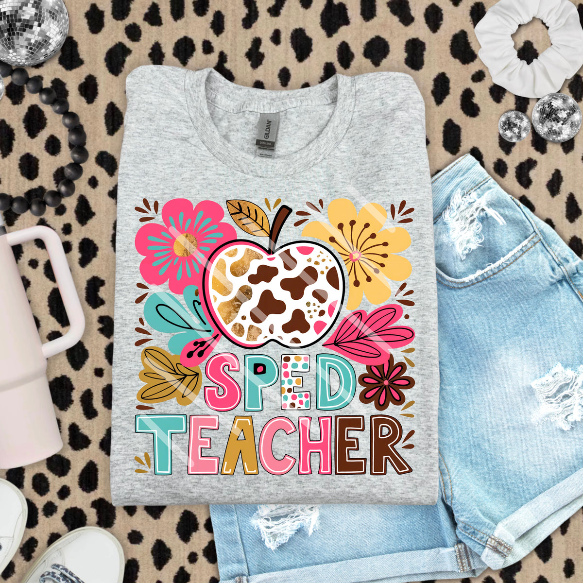 Sped Teacher Abstract Florals with Apple 110836 DTF Transfer