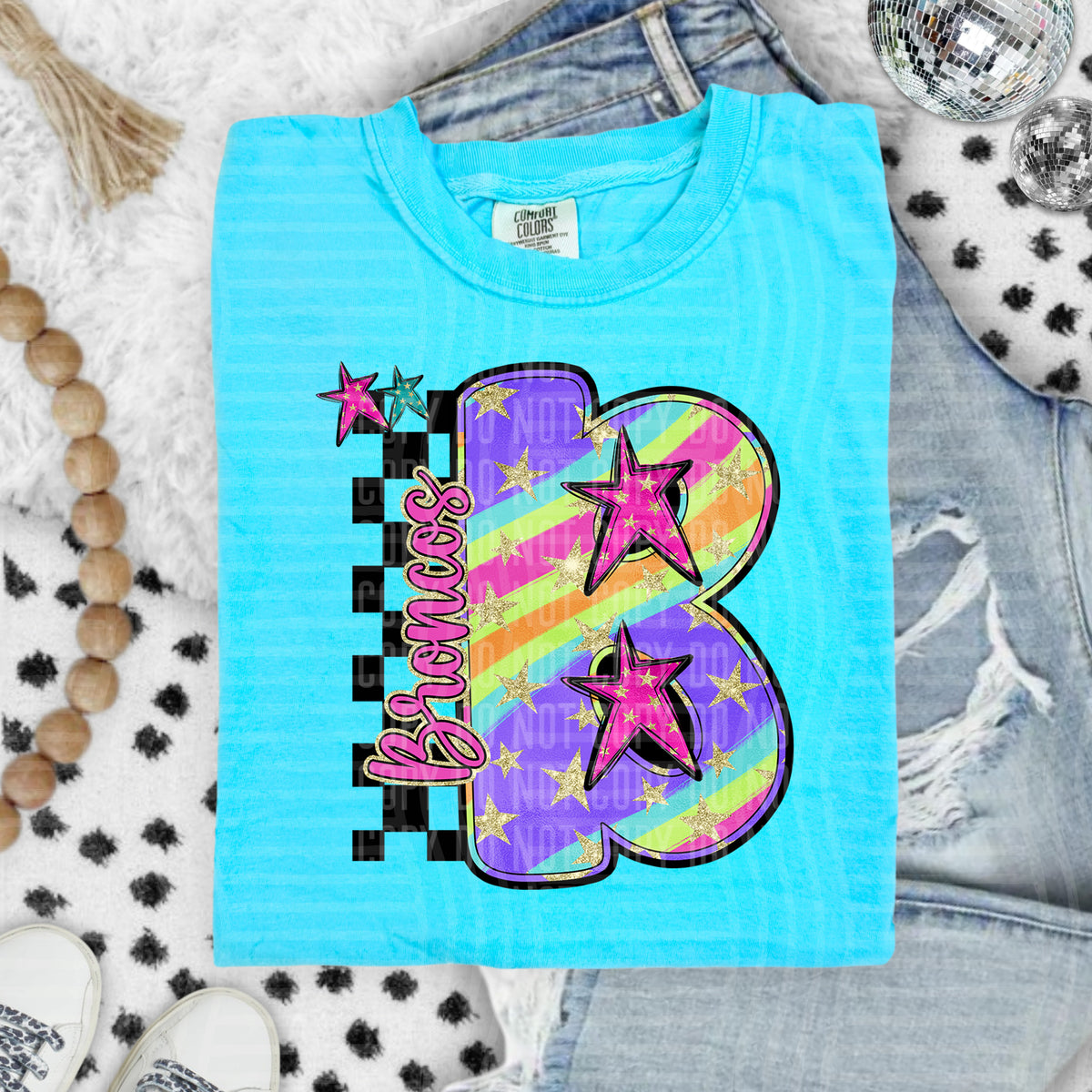 Broncos Colorful Retro Rainbow Letter B With Stars And Checker 108092 DTF transfer