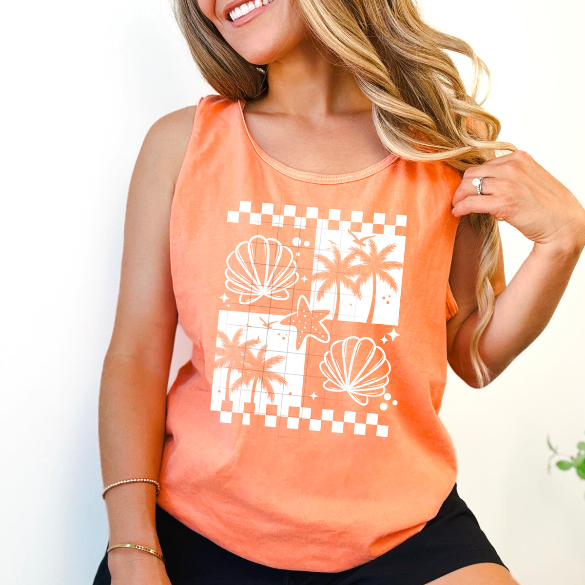 Palm Tree And Shells Checker WHITE (CSC) DTF transfer