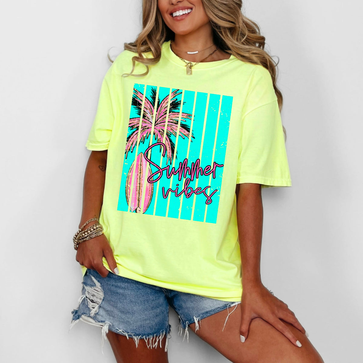 Summer vibes pink palm tree blue stripes (SDD) DTF Transfer