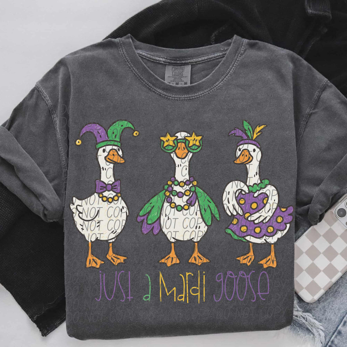 Just a mardi goose (purple gold words) (city) DTF Transfer