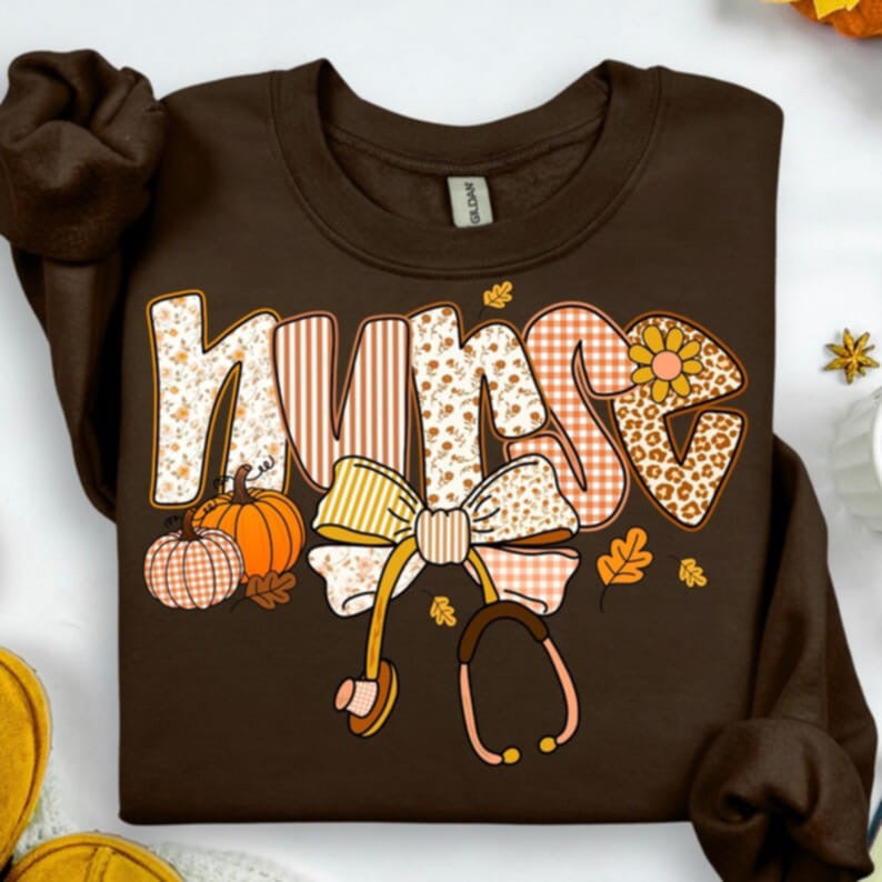 Nurse fall with pumpkin and stethoscope DTF transfer