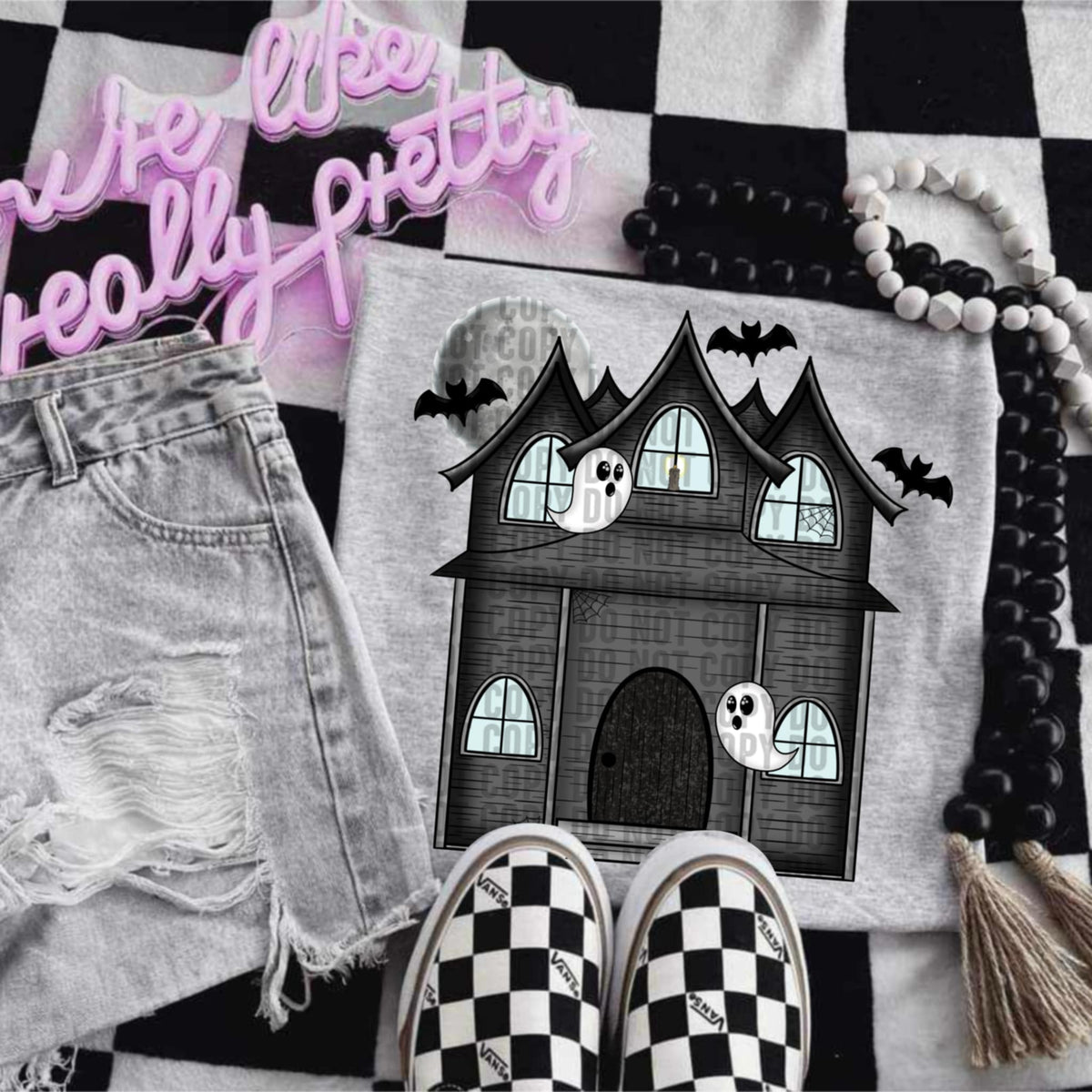 Gray Haunted House with ghosts (lane) DTF transfer