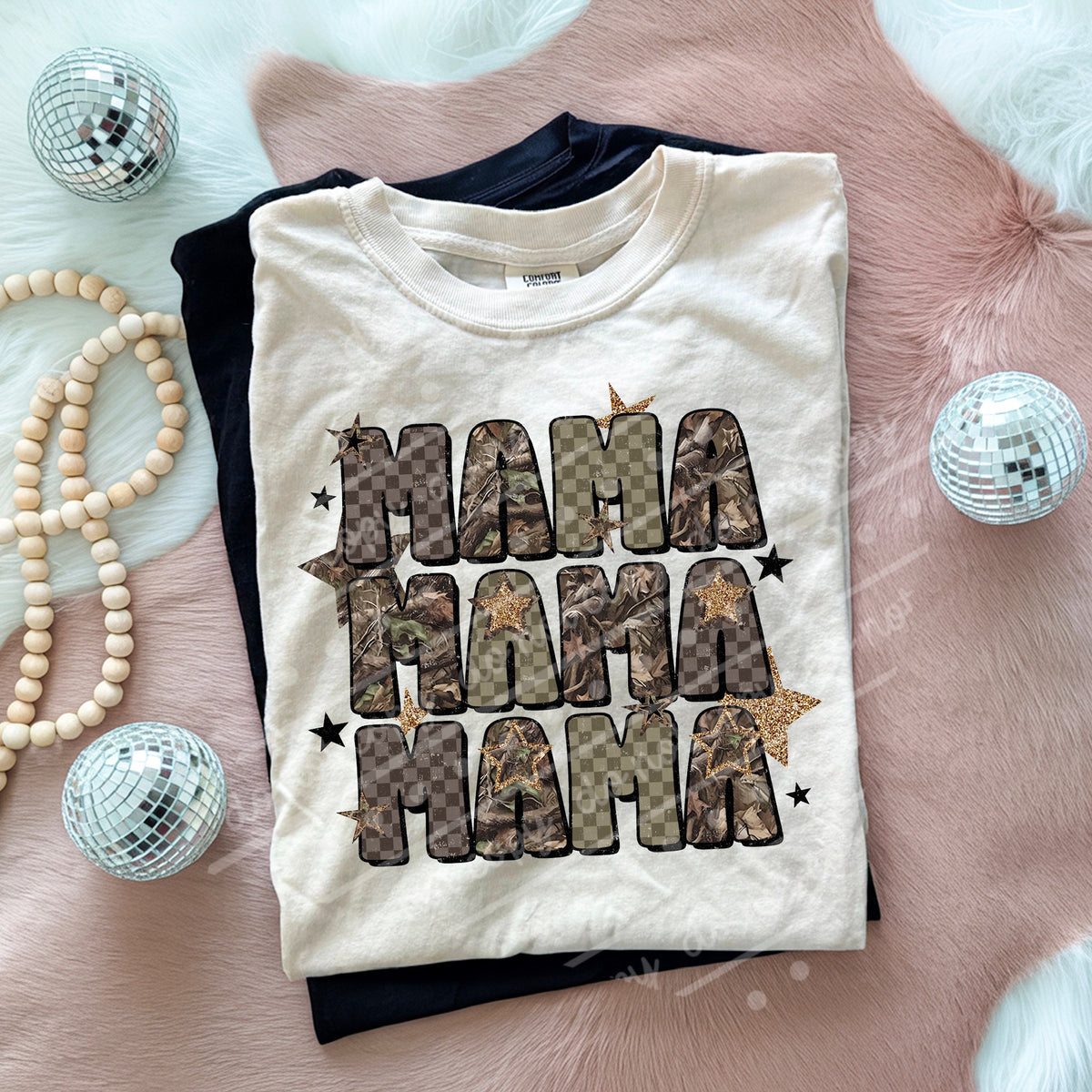 Mama camo checker with gold stars (scarlow) DTF transfer