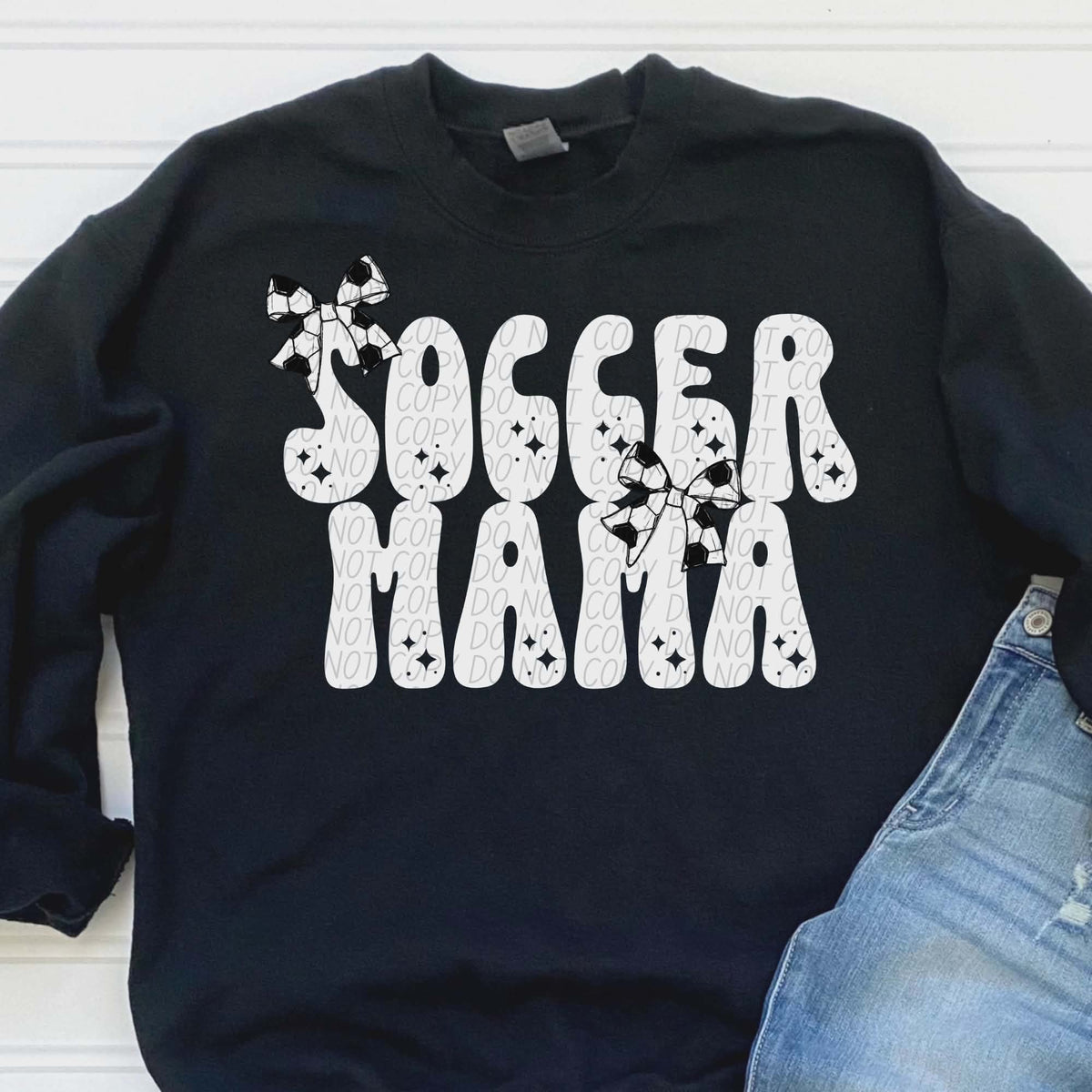 Soccer Mama bows white words (city) DTF transfer