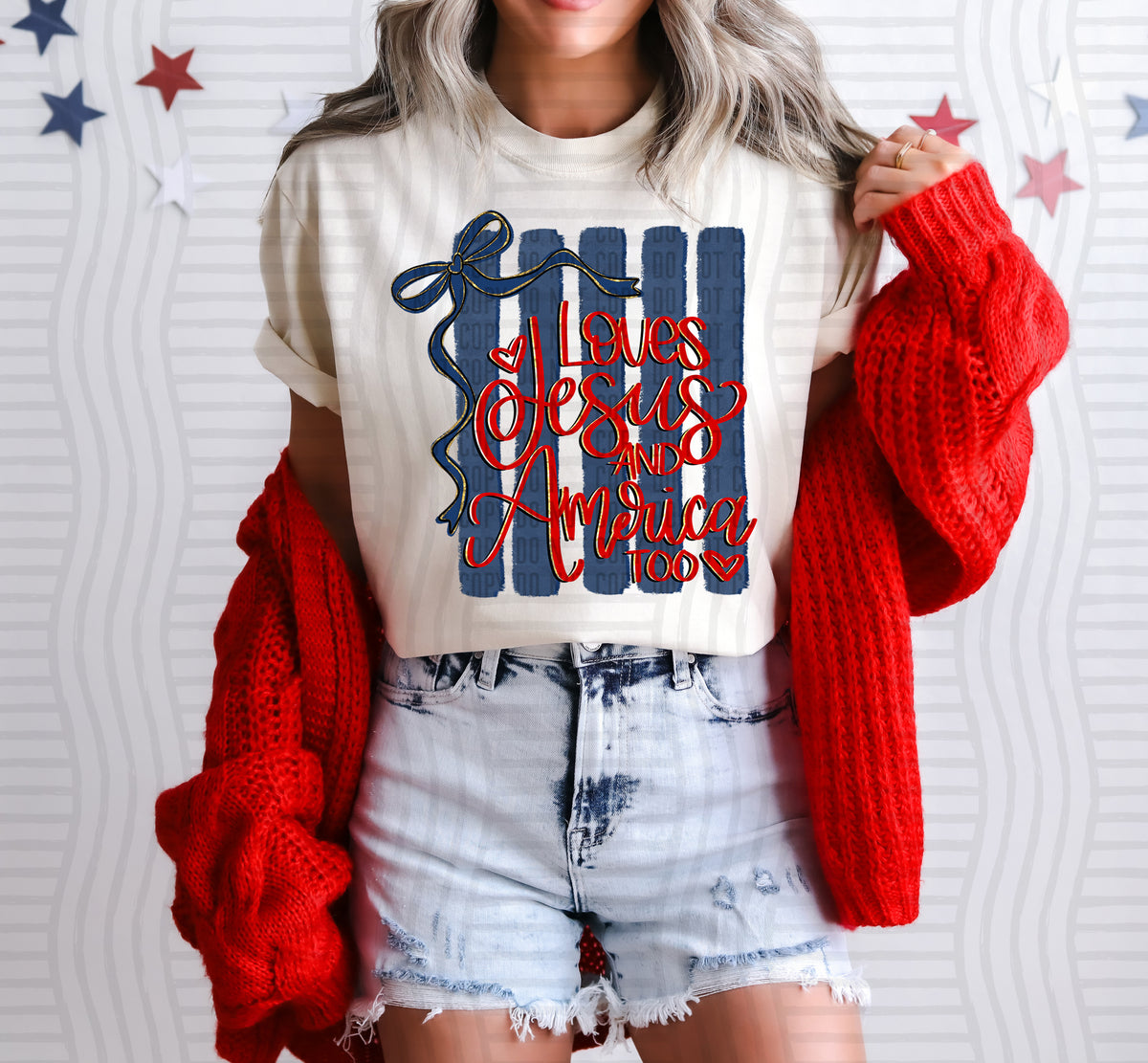 loves Jesus and America too blue striped background blue bow (caplinger) DTF Transfer