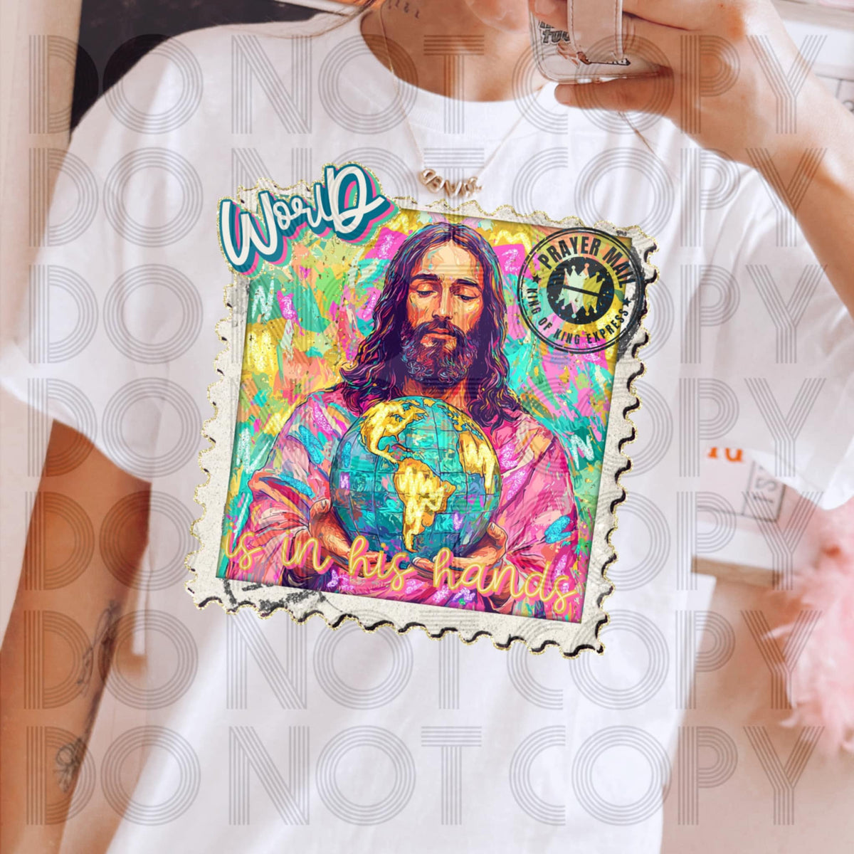 World In his Hands Jesus Prayer Mail stamp (renewed hope) DTF transfer