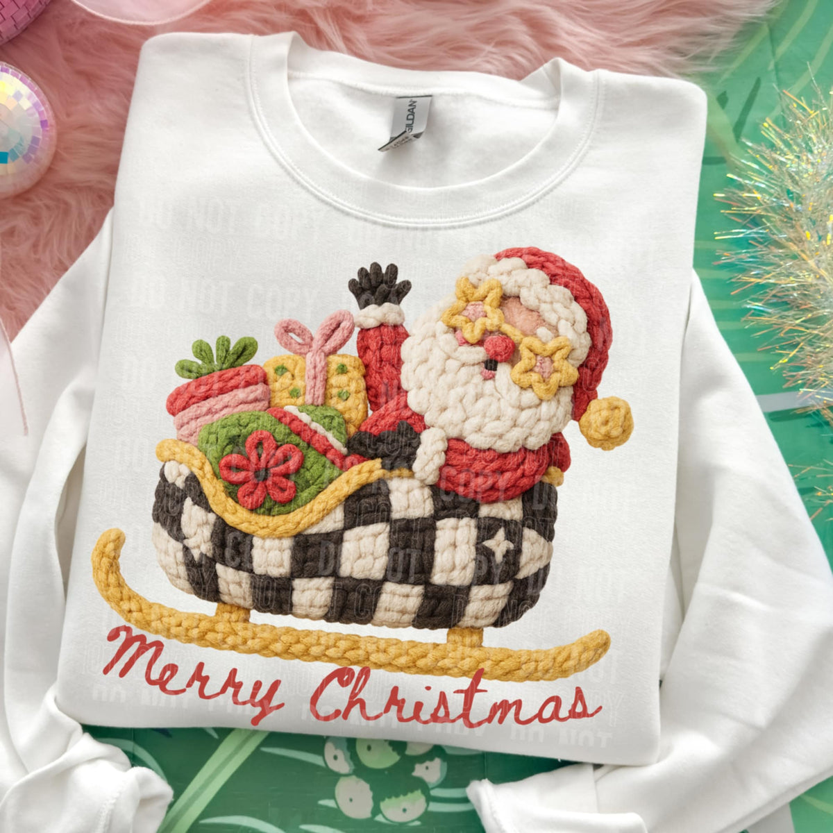 Faux Yarn Merry Christmas Checker Sleigh (SBB) DTF Transfer
