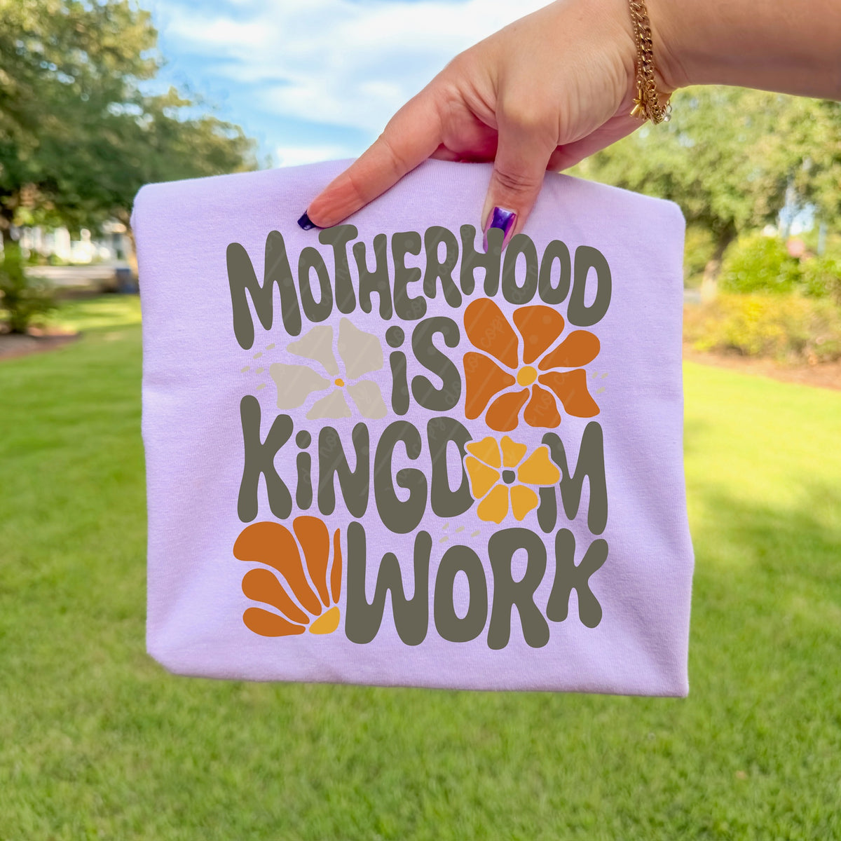 Motherhood is kingdom work (gray orange yellow) not distressed DTF Transfer