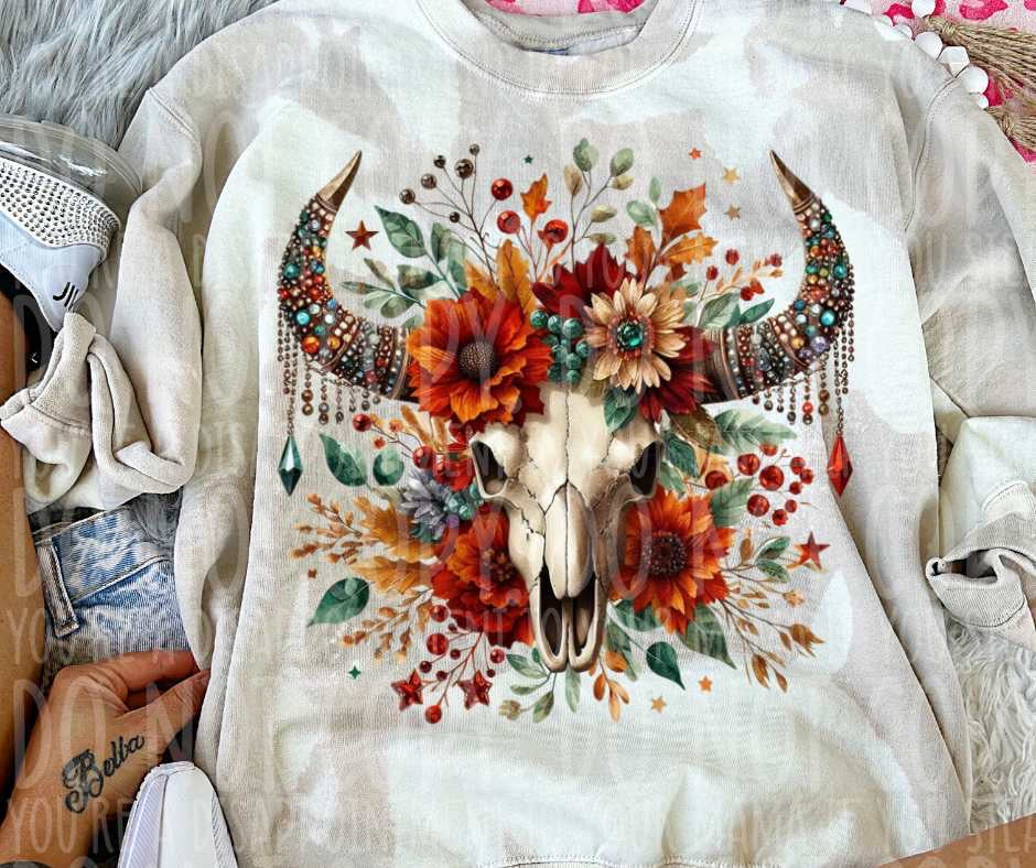 Bull skull fall florals (vintage) 53764 DTF transfer