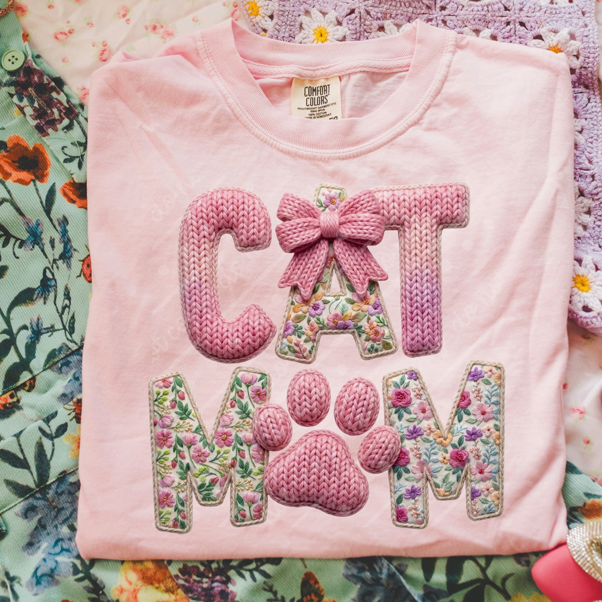 Cat mom pink paw faux crochet DTF Transfer