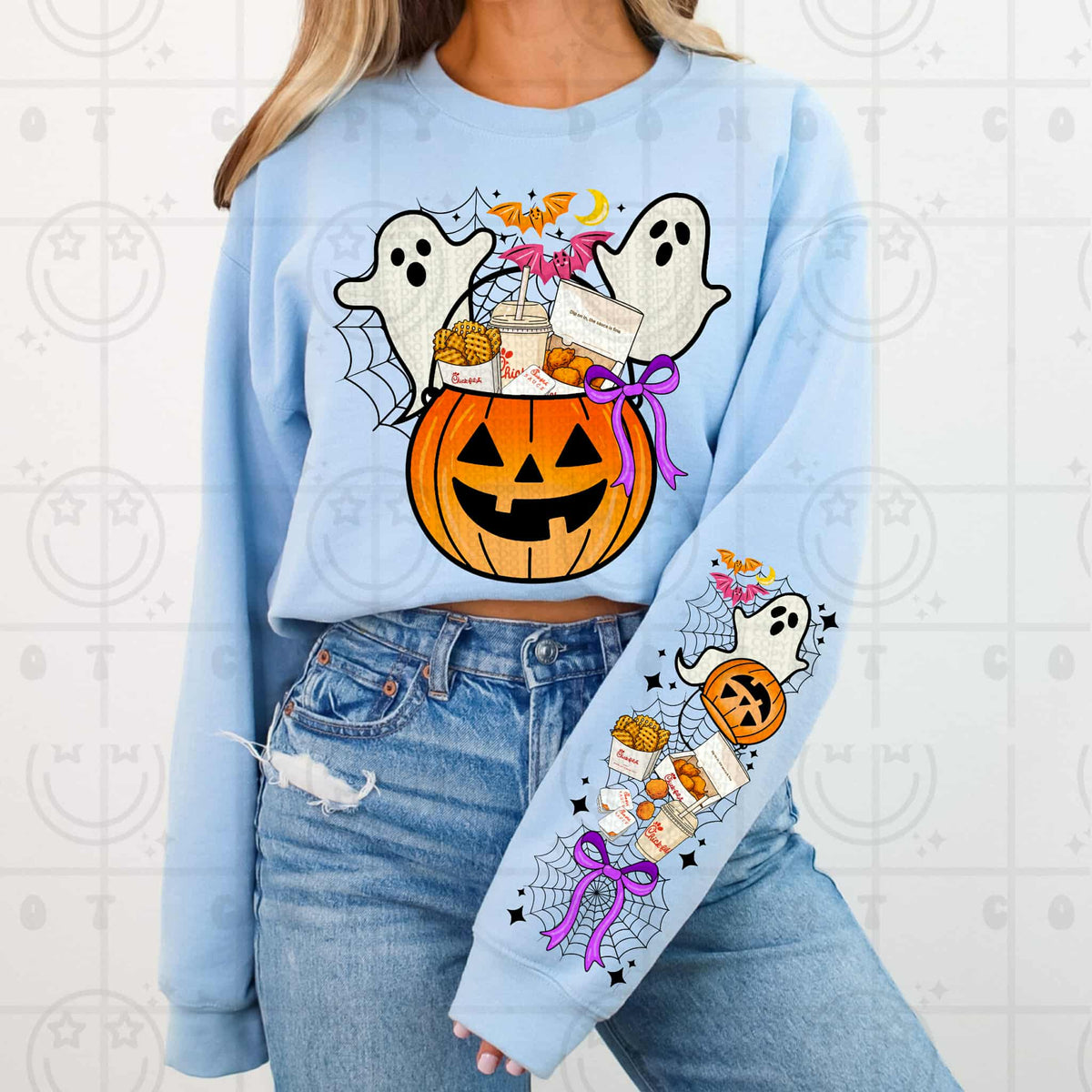 Pumpkin Bucket with ghosts and nuggets CFA (front only) HW DTF transfer