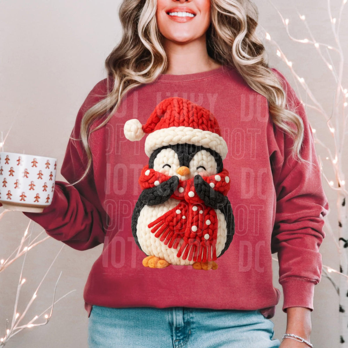 Penguin with red Hat faux Yarn (SBB) DTF Transfer