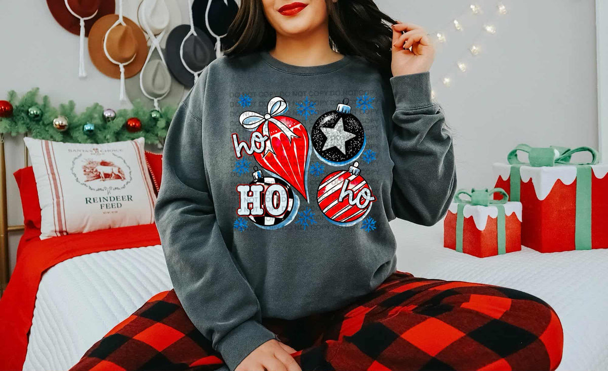 Ho Ho Ho ornaments red black and blue (SCG) DTF Transfer