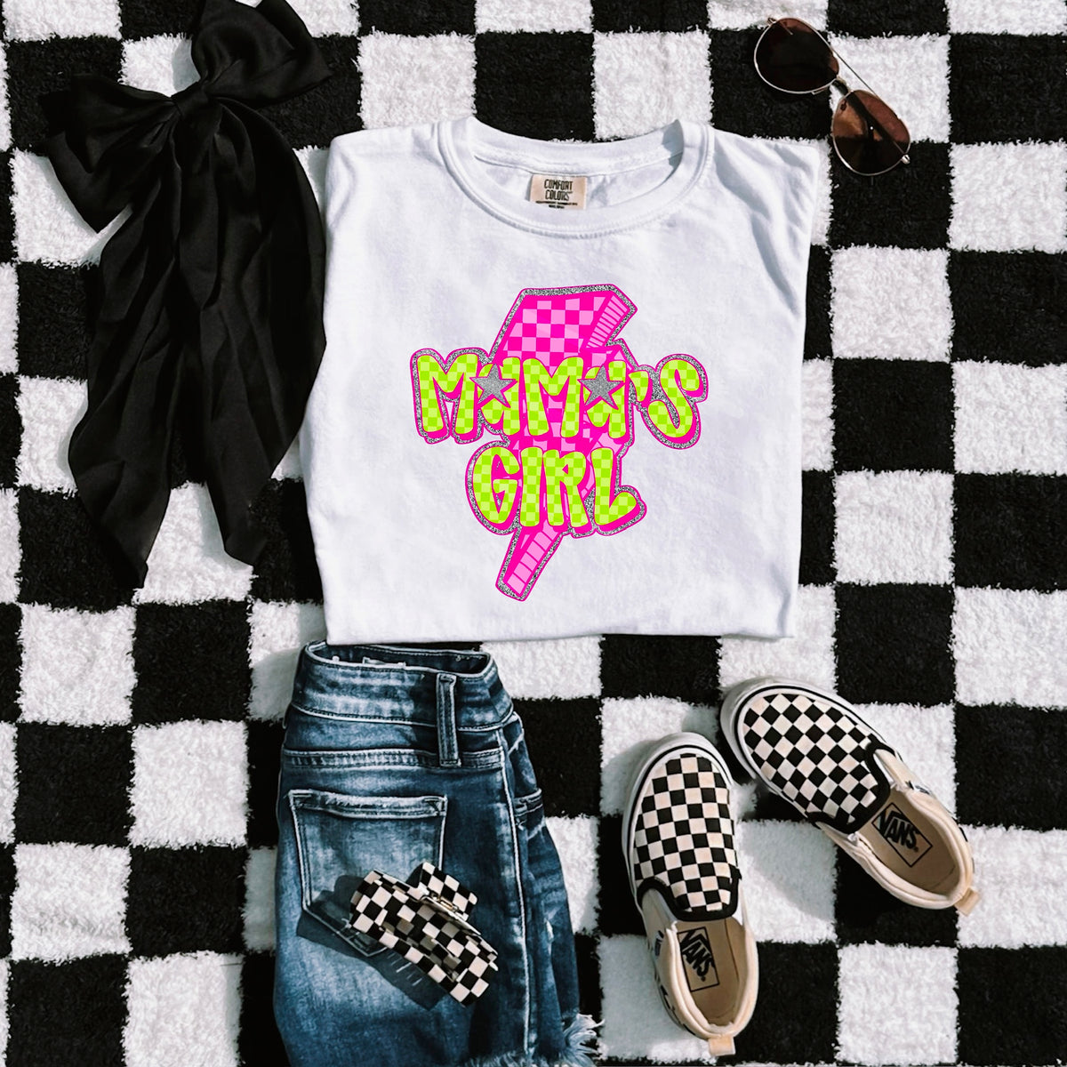 Mamas Girl Green and Pink checker bolt scarlow 110350 DTF transfer