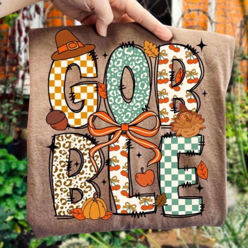 Gobble with cheetah cherry checker letters DTF transfer