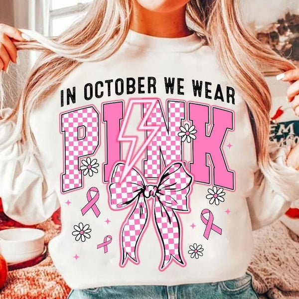 In October we wear pink checkered bow 58256 DTF transfer