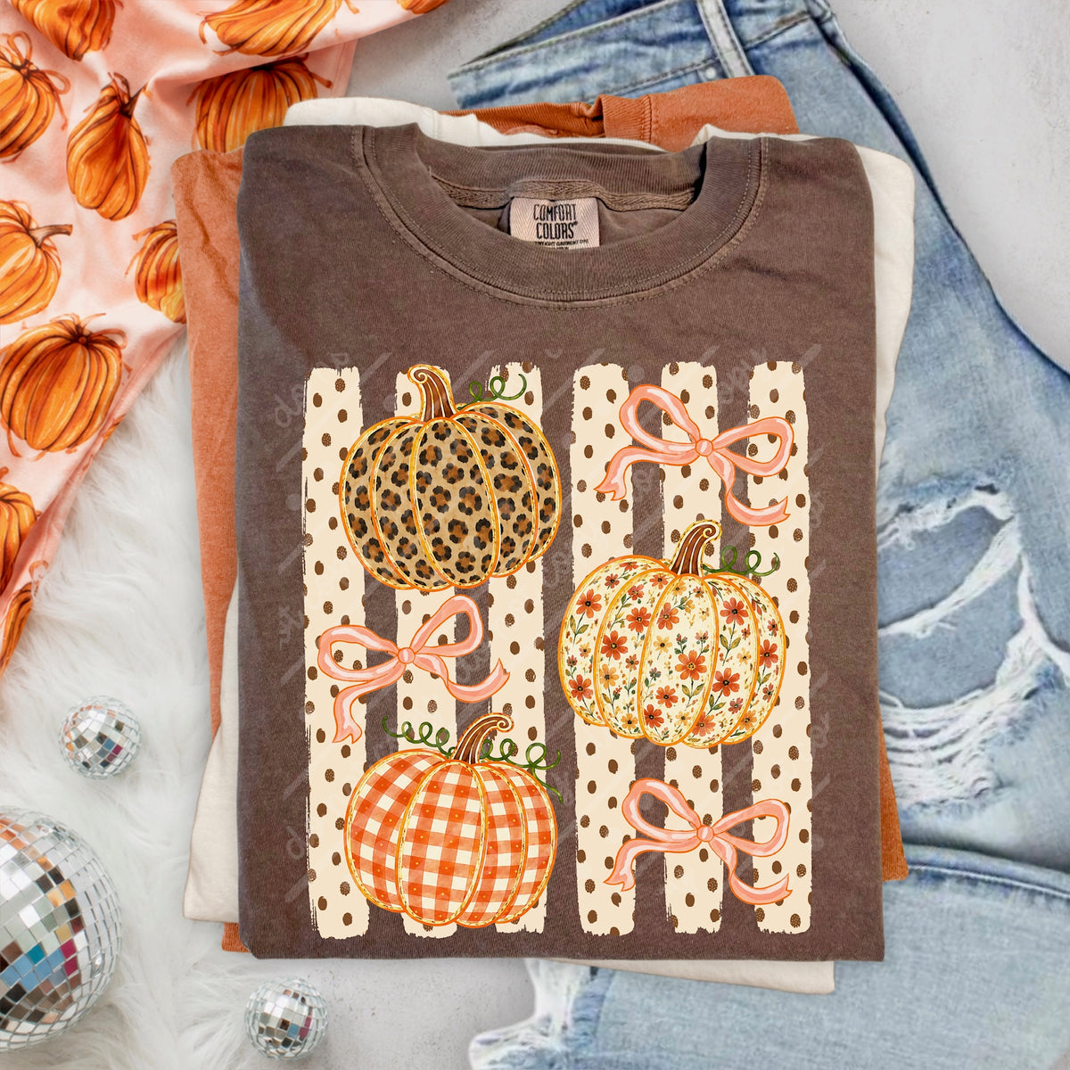 3 Pumpkins with vertical polkadot cream stripes DTF Transfer