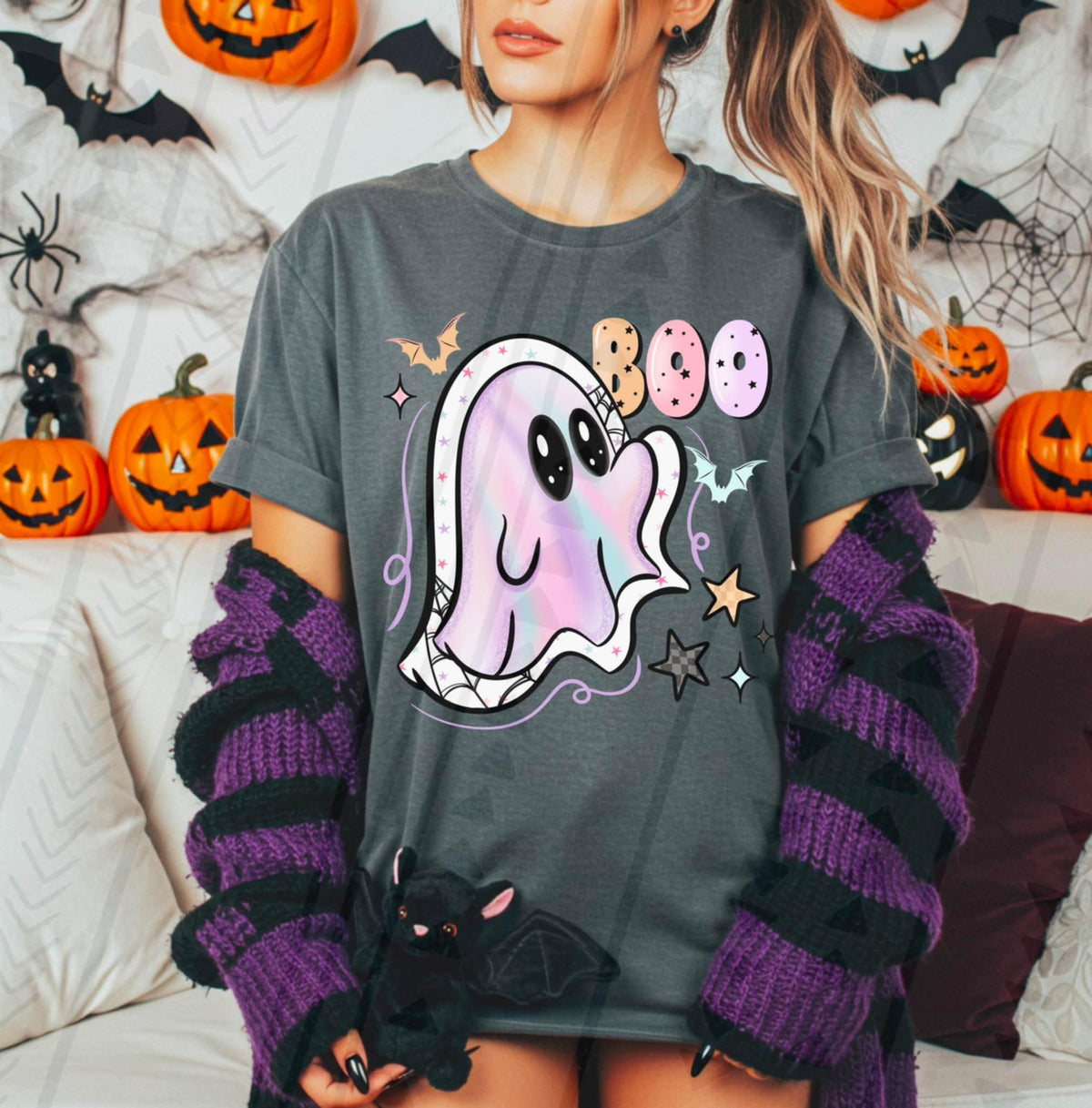 Iridescent Boo Ghost with stars TGG DTF transfer