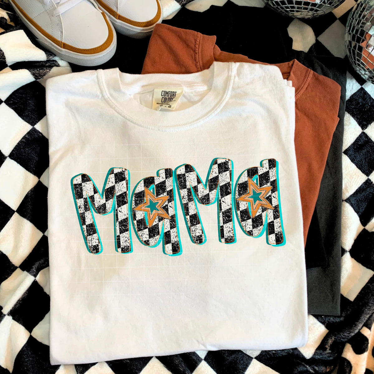 Teal and Checker Mama with stars (county line) 114105 DTF transfer