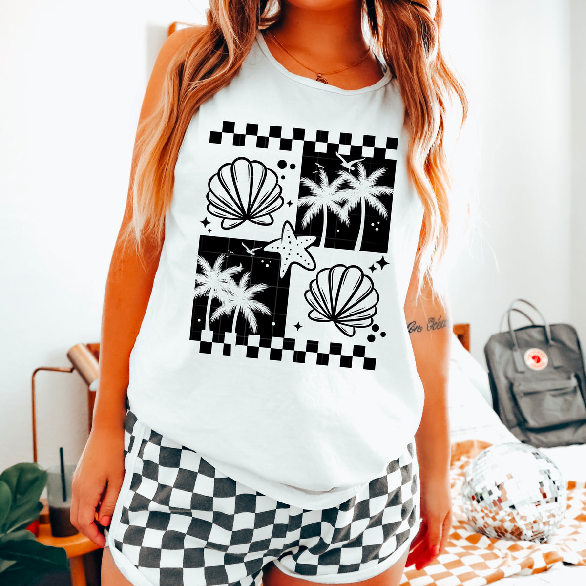 Palm Tree And Shells Checker BLACK (CSC) DTF transfer