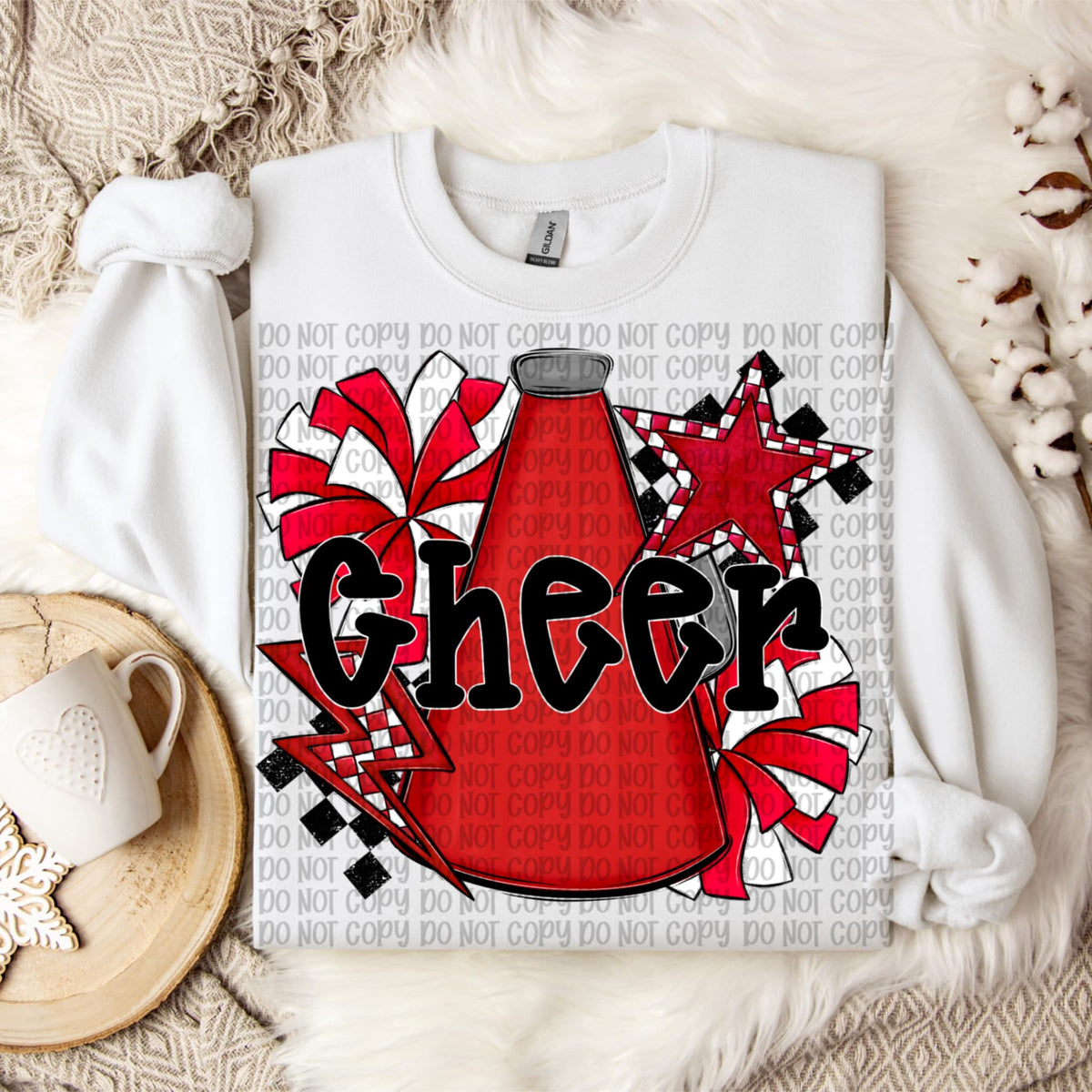 Cheer black words RED megaphone and pom poms VP DTF transfer