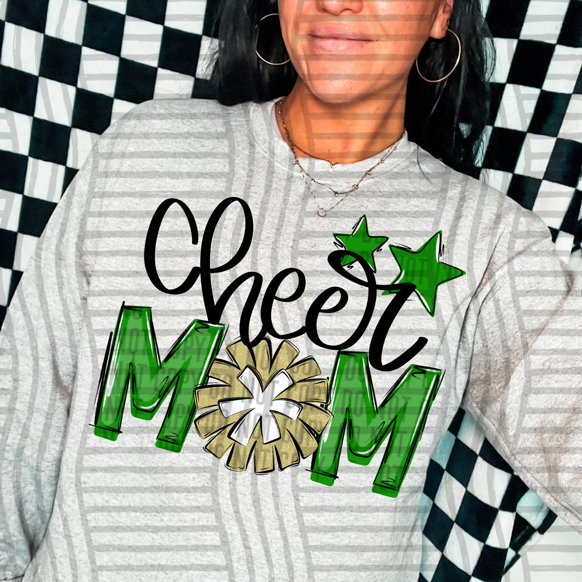cheer mom green with gold pompom and stars (Caplinger) DTF transfer