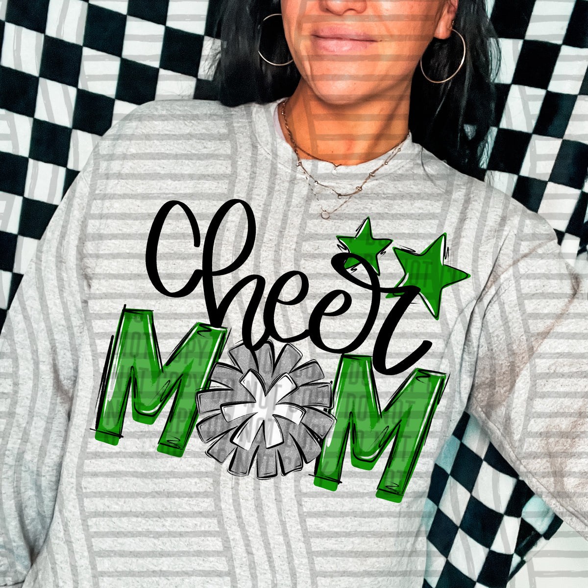 cheer mom green with silver pompom stars (Caplinger) DTF transfer