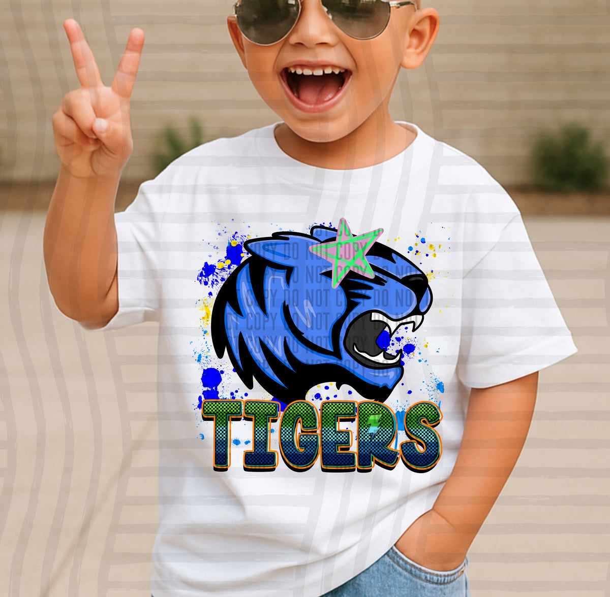tigers paint splatter boy blue green and yellow (Caplinger) DTF Transfer