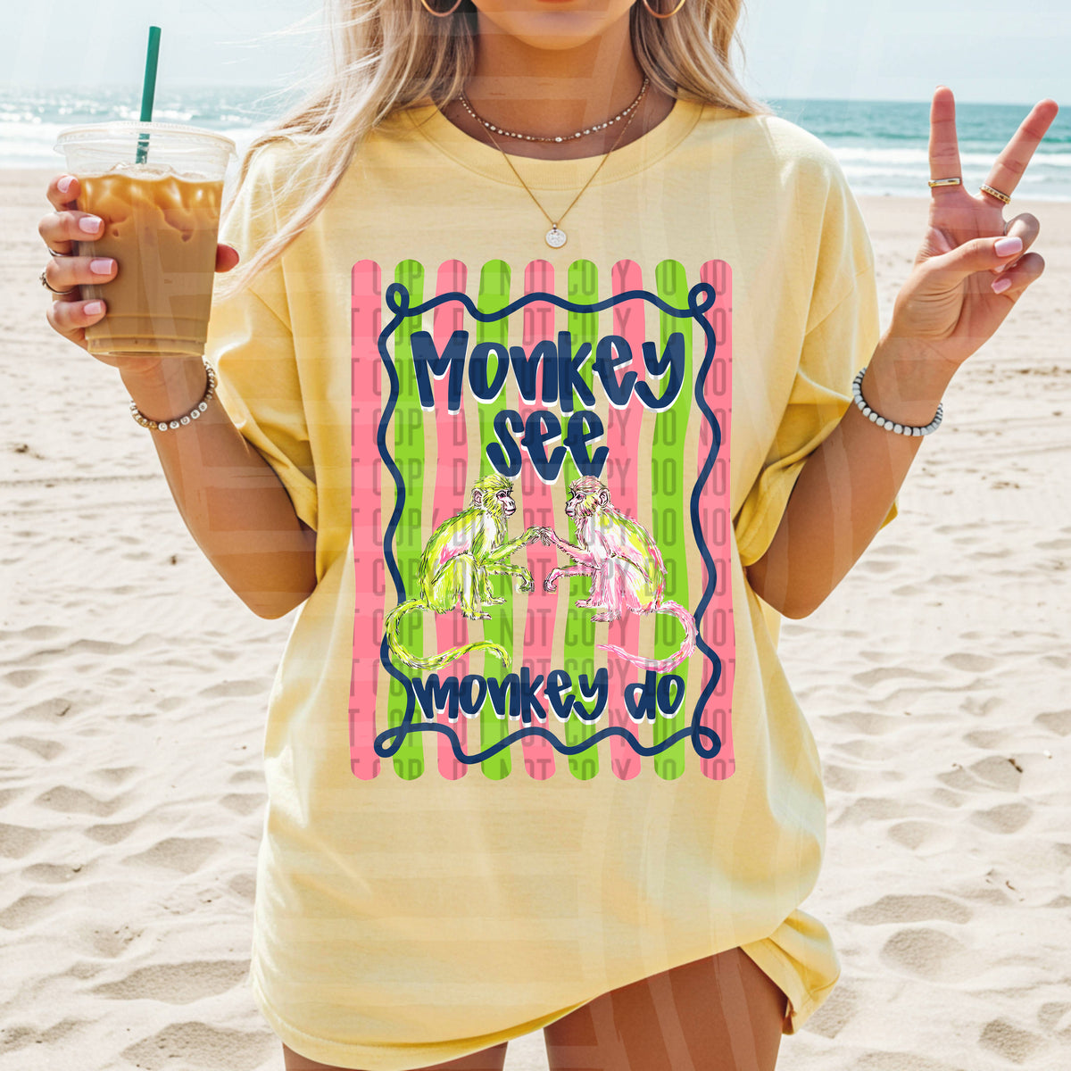 monkey see monkey do green and pink striped background dark blue squiggle boarder (caplinger) DTF transfer