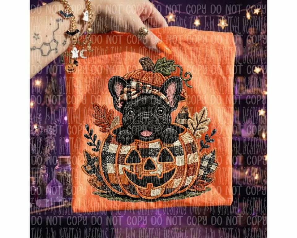 Black English bulldog with headband in pumpkin (J&M) DTF transfer