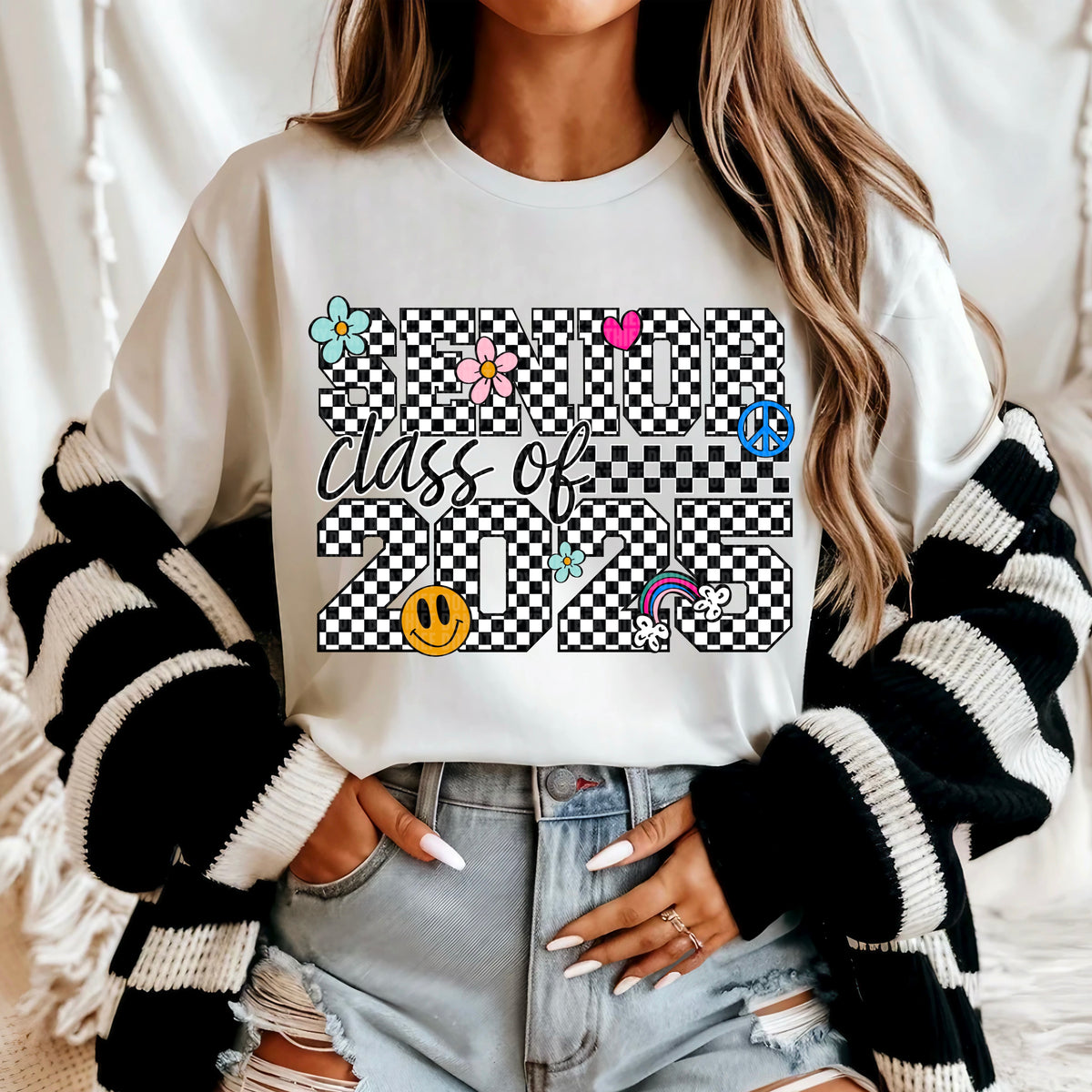 Senior class of 2025 checkered with doodles 95626 DTF transfer