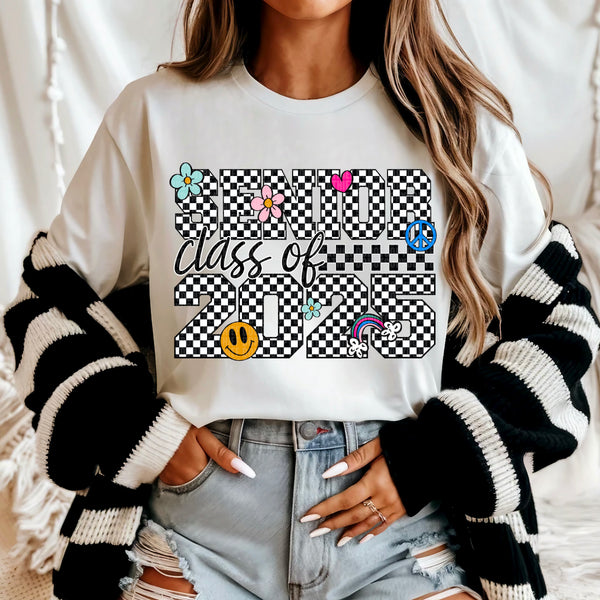 Senior class of 2025 checkered with doodles 95626 DTF transfer