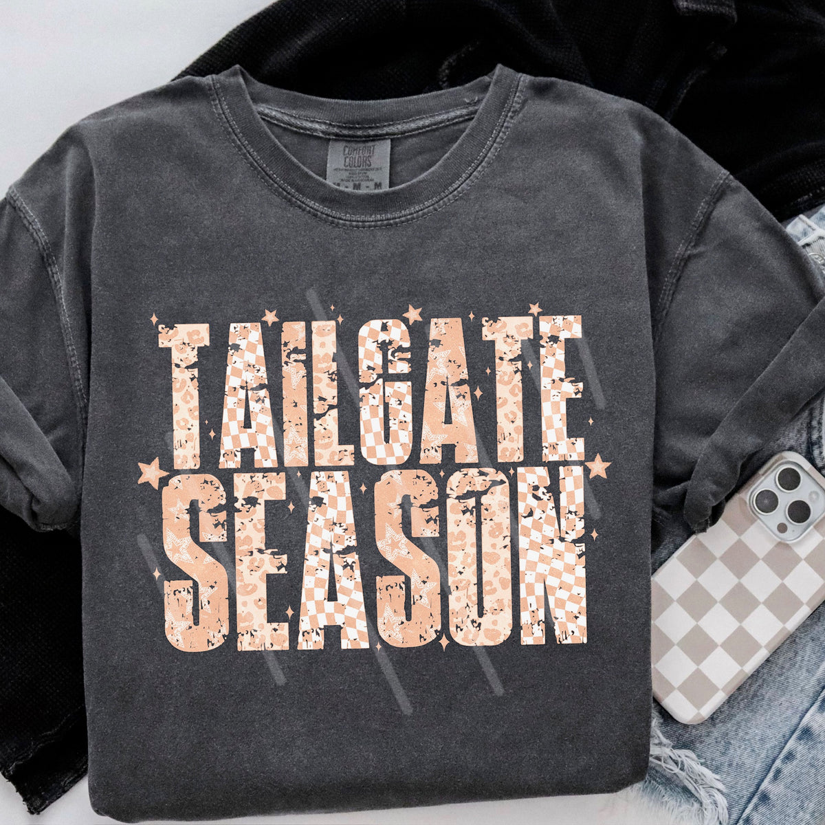 Tailgate season football  tan stars checker and cheetah 113684 DTF transfer