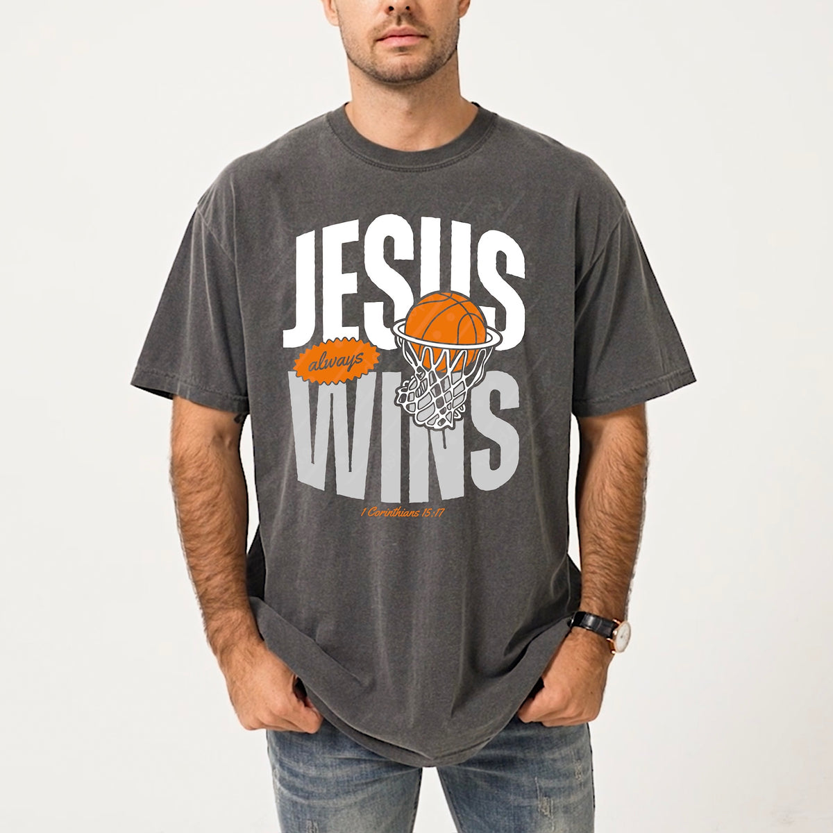 Jesus wins basketball net (white) DTF Transfer