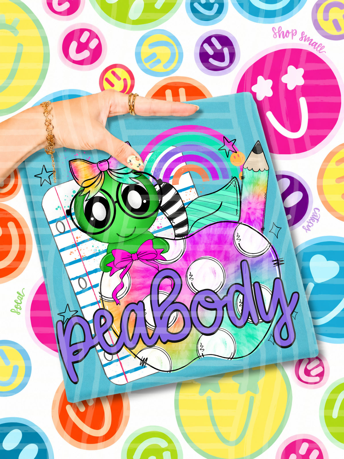 pea body tie dye apple with white dots & green bug (CAPLINGER) DTF Transfer