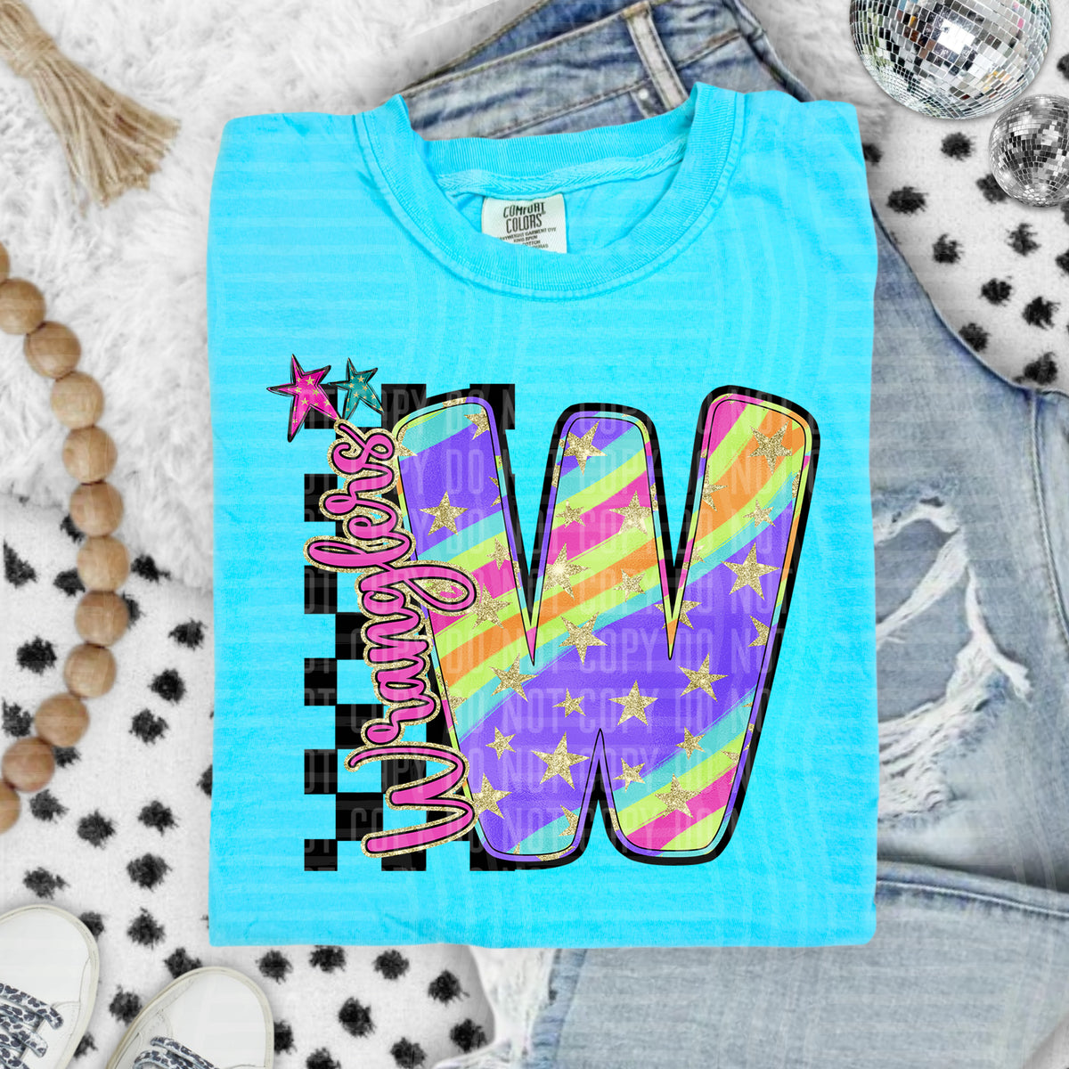 Wranglers Colorful Retro Rainbow Letter W With Stars And Checker 108165 DTF transfer