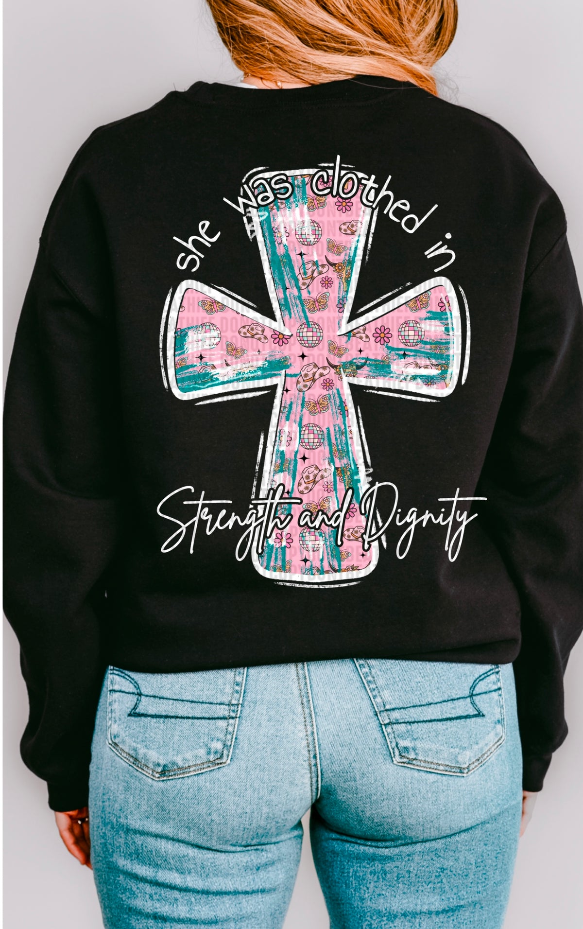 She was clothed in strength and dignity cross white font 93670 DTF transfer