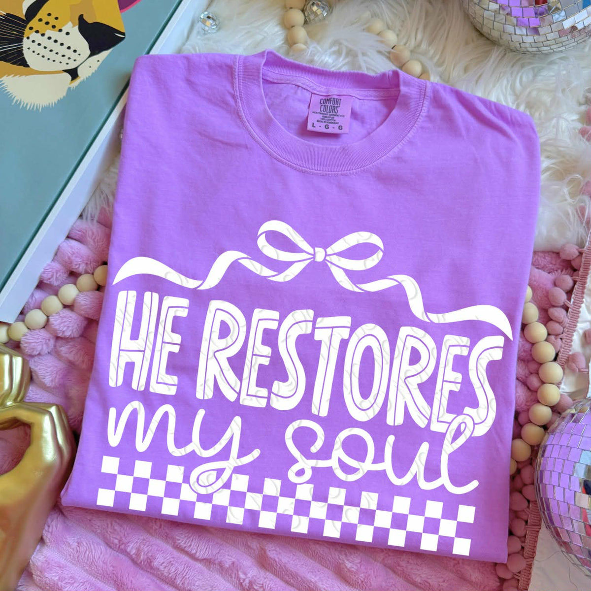 He restores my soul with bow (white) (DWS) DTF Transfer