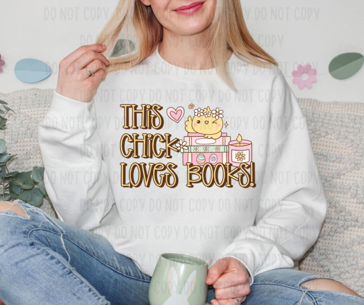 The chick loves books (canvista) 91858 DTF transfer