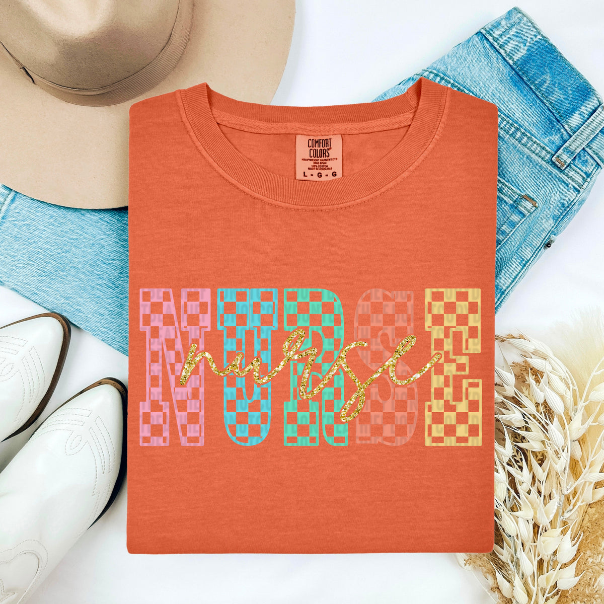 Nurse checkered gold font 100134 DTF transfer