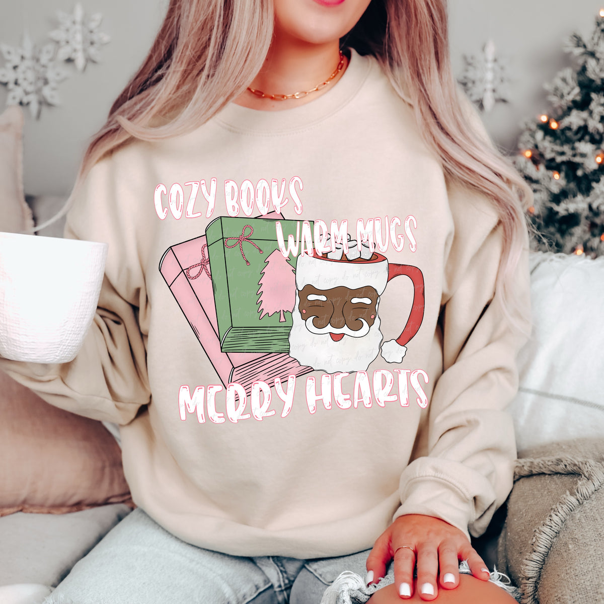 Cozy books warm hearts merry hugs and Black Santa mug white letters 30198 DTF transfer