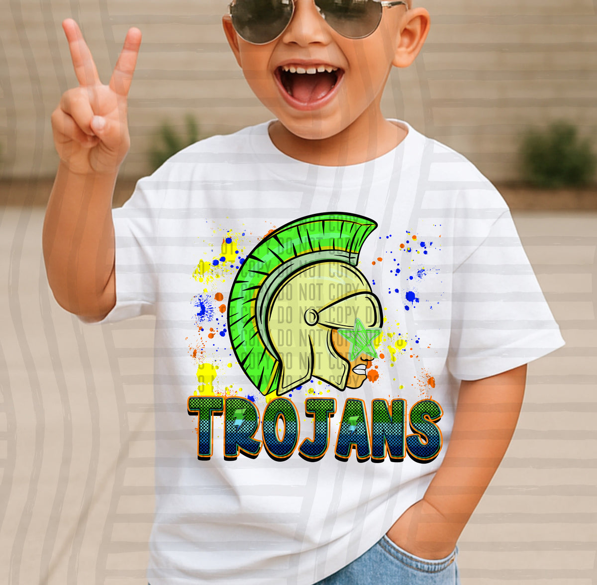 trojans paint splatter boy blue green and yellow (Caplinger) DTF Transfer