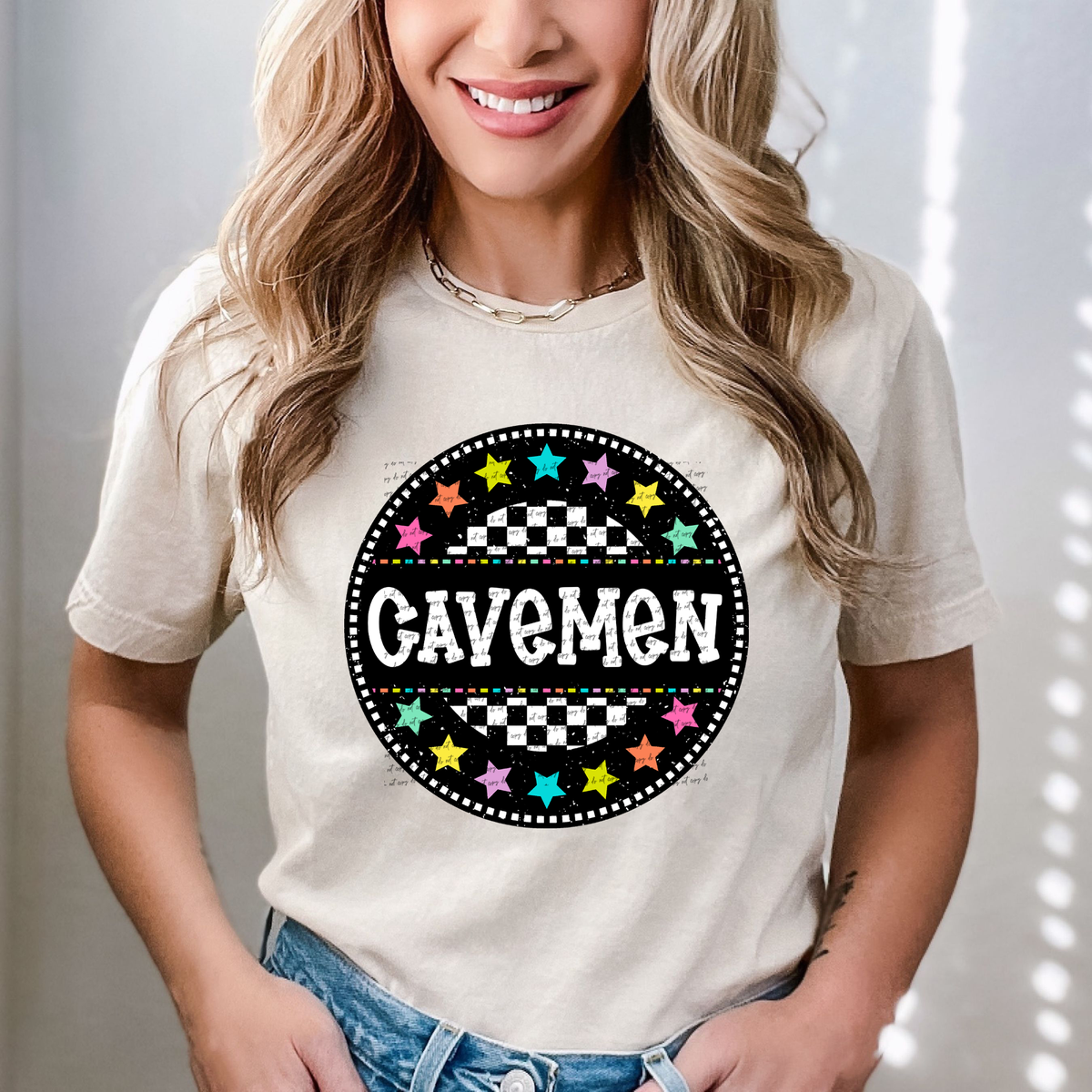 Cavemen (circle checkers and stars) 49691 DTF TRANSFER