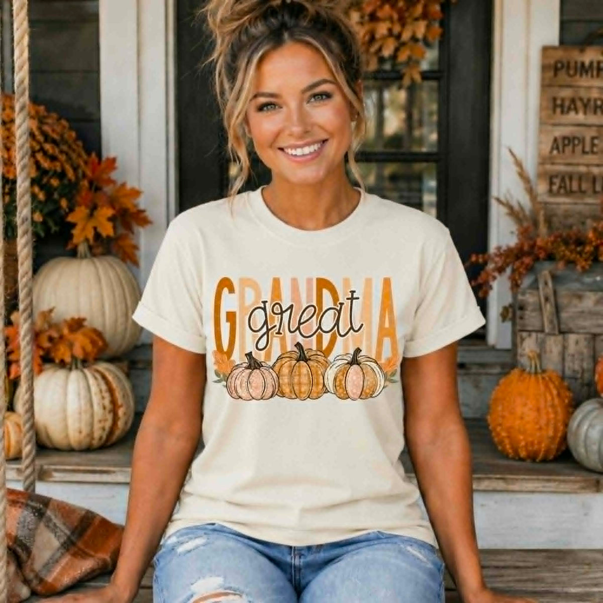 Great Grandma with trios pumpkins fall (SDD) DTF Transfer
