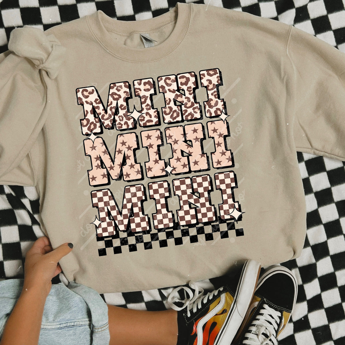 Mini stacked leopard and checker and stars (scarlow) DTF Transfer